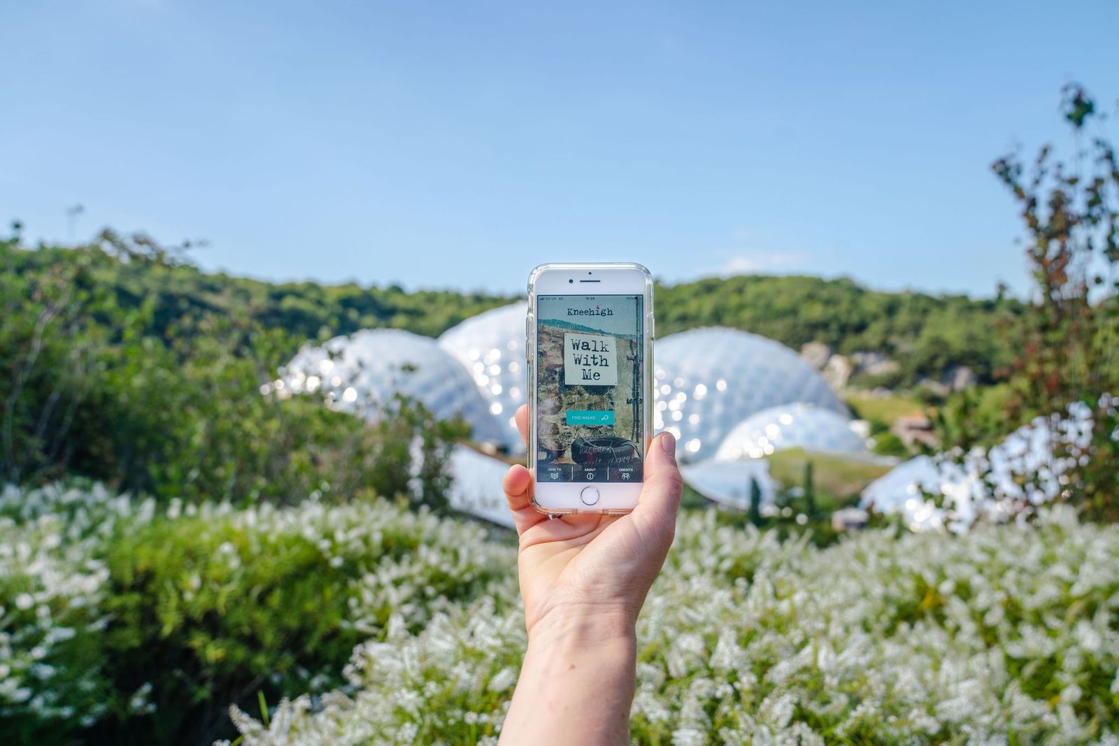 Hand holding a smart phone in front of Eden's domes