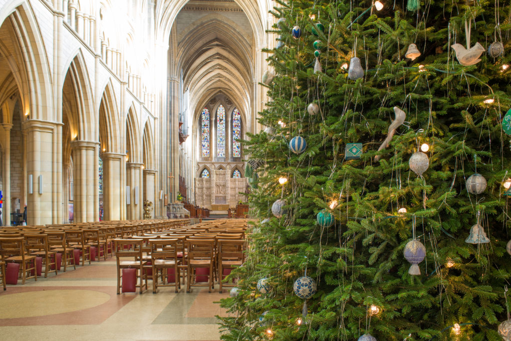 A tall Christmas tree in Truro Cathedral
