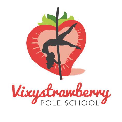 The Vixystrawberry logo: A silhouette of a women dancing on a pole, in front of an illustrated red strawberry that looks like a heart. Below it, the text reads Vixystrawberry Pole School