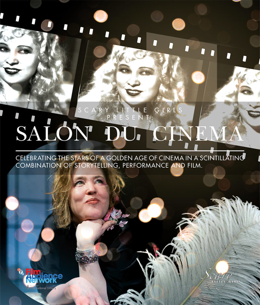 A poster of a glamourous woman resting her chin on her hand and gazing upwards. She's holding a large white feather in her hand. Above her is a film reel picturing Mae West.