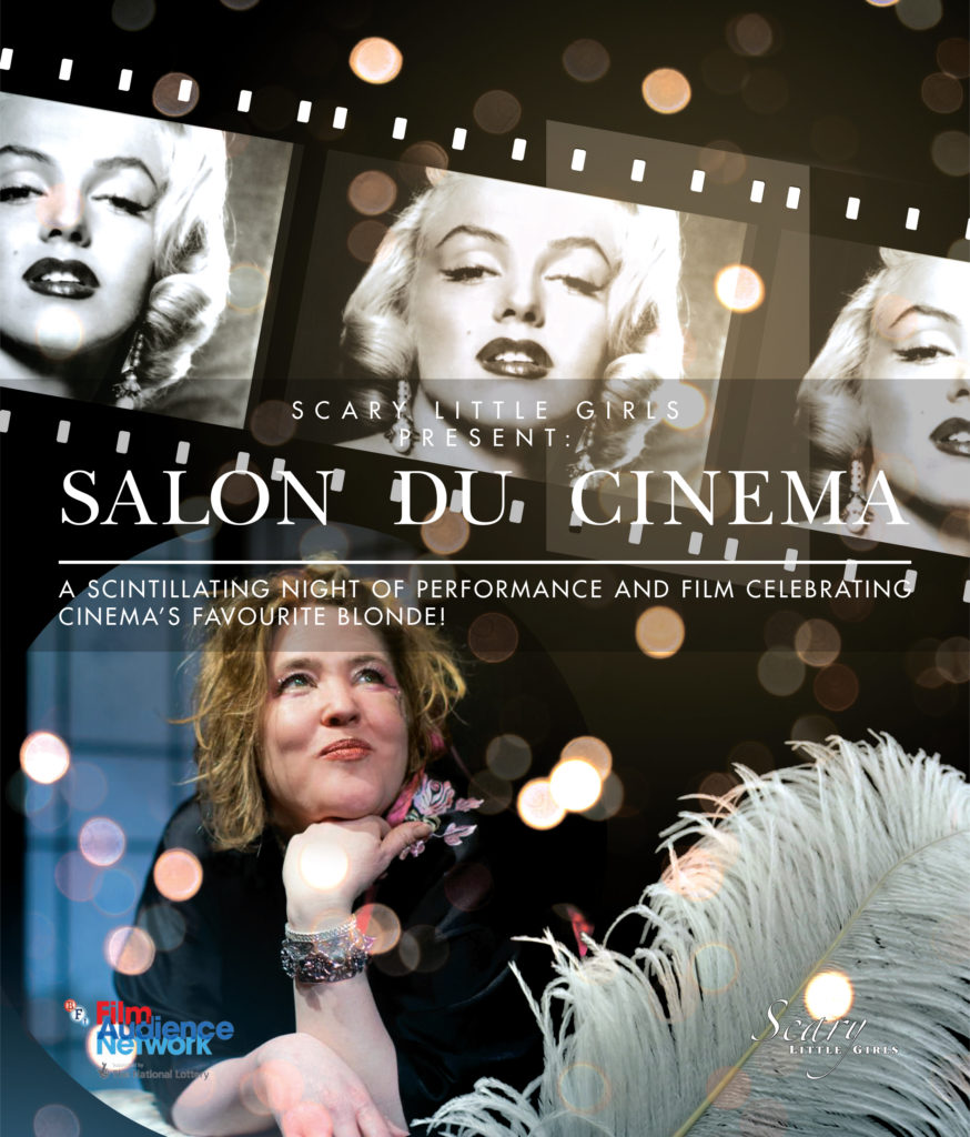 A poster of a glamourous woman resting her chin on her hand and gazing upwards. She's holding a large white feather in her hand. Above her is a film reel picturing Marilyn Monroe.